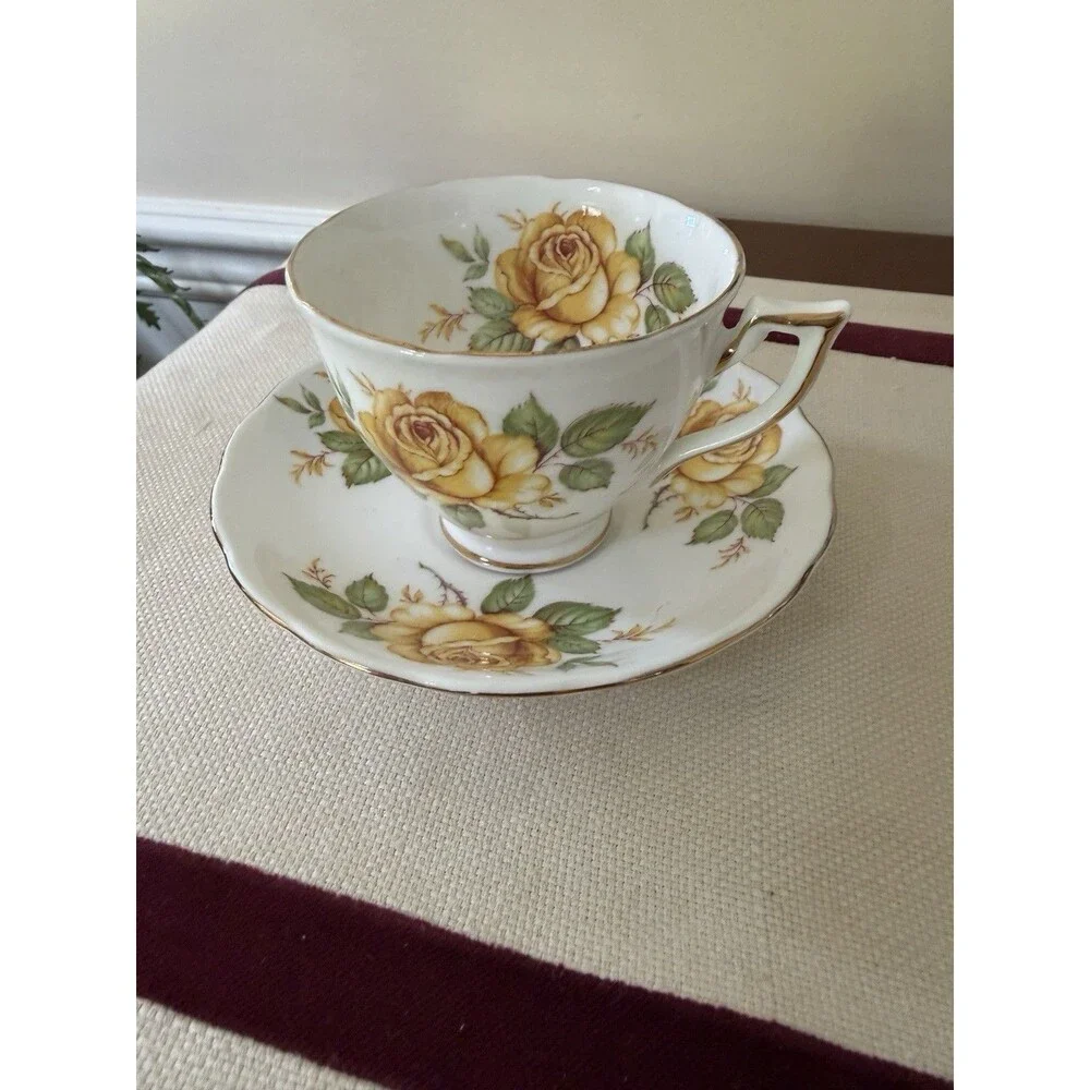 Vintage Melba Teacup and Saucer Set In Yellow Rose Pattern Made In England